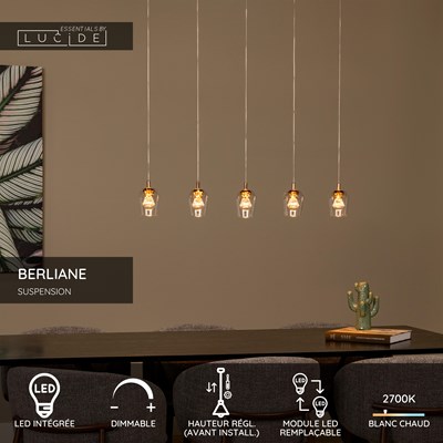 Lucide BERLIANE - Suspension - LED Dim. - 5x4W 2700K - Avec module LED remplaçable - Transparent | Essential